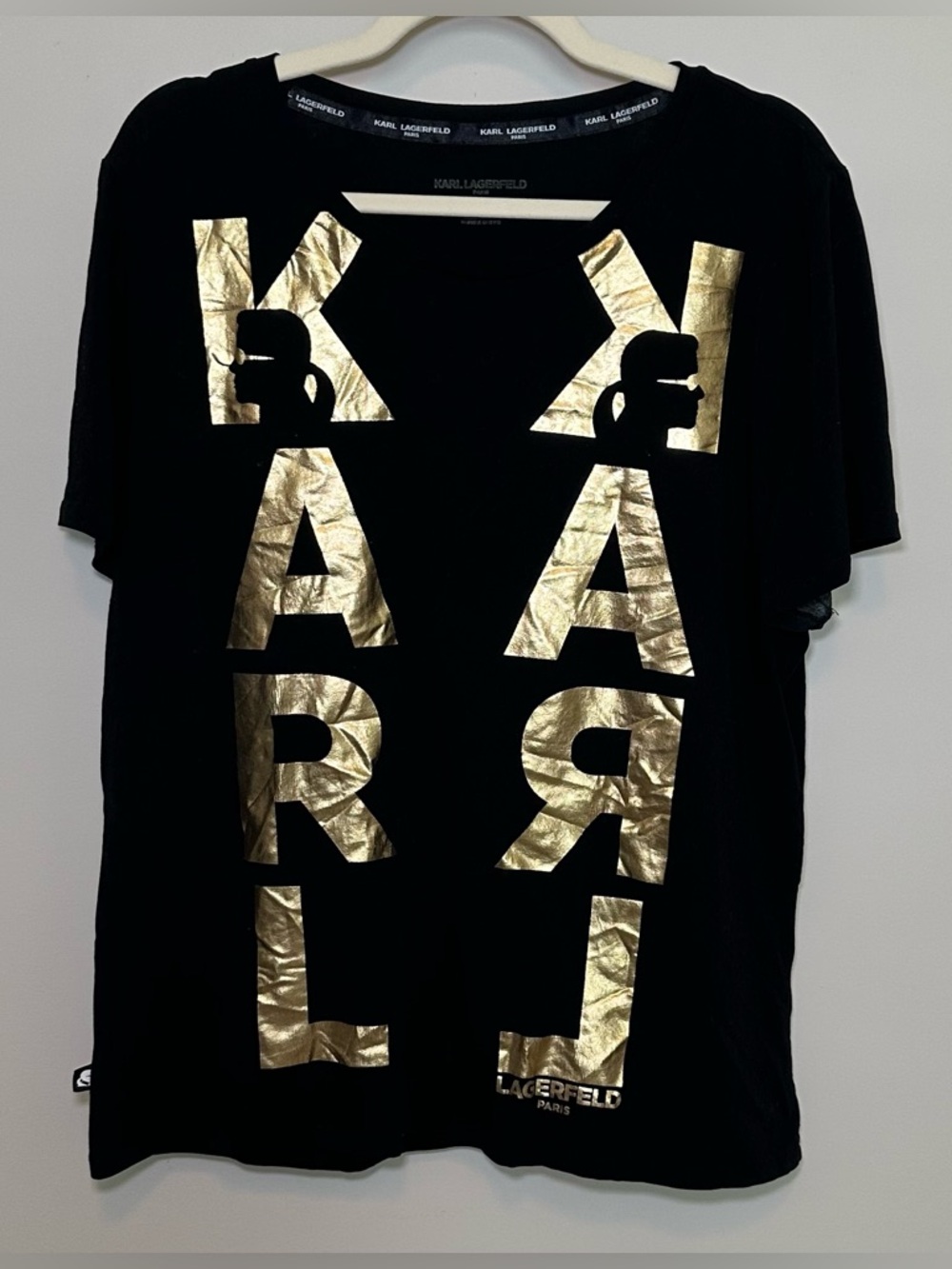 Karl Lagerfeld Paris Black Gold Foil Logo Tee Shirt‎ Karl Head Graphic Designer - Picture 2 of 8